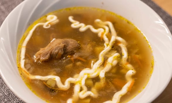 Close up shot of the bawl with soup