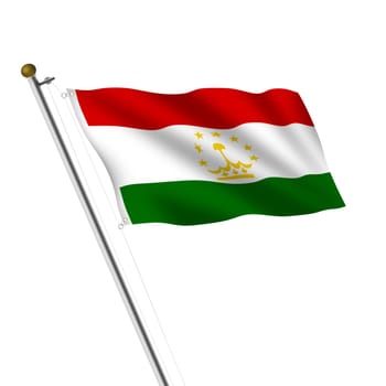 A Tajikistan flagpole 3d illustration on white with clipping path red white green yellow crown stars