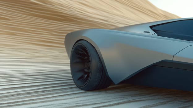 Modern silver metallic sports car is parked on sand dunes, showcasing its sleek design and powerful presence in a natural environment