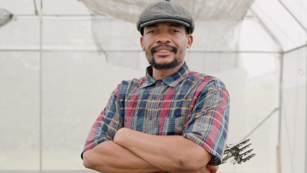 Portrait of confident farmer man standing with arms crossed on vegetable plantation in modern hothouse, Agriculture farming