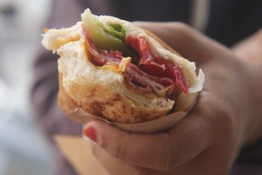 A person enjoys a vibrant sandwich packed with meats and vegetables.