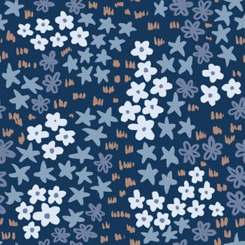 Hand drawn seamless pattern in trendy blue mauve colors. Simple retro vintage ditsy flower floral print design, cute small tiny blossom meadow, navy indigo fabric background, textile wrapping paper wallpaper