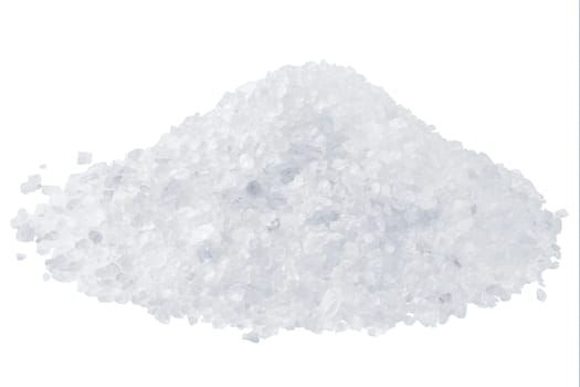 A substantial pile of coarse sea salt isolated on white baqckground reflecting light. This natural ingredient is commonly used in cooking and garnishing various dishes to enhance flavor.
