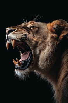 This striking lion lets out a fierce roar, demonstrating its regal strength and commanding presence against a dark backdrop.