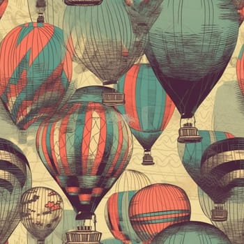 Colorful hot air balloons with vintage style seamless pattern, created with generative AI