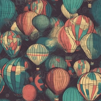 Colorful hot air balloons with vintage style seamless pattern, created with generative AI