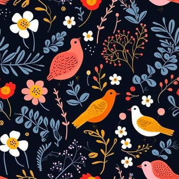 Modern leaves, flowers and birds seamless pattern tile, created with generative AI