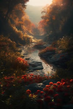 Small river in the forest illustration, created with generative AI
