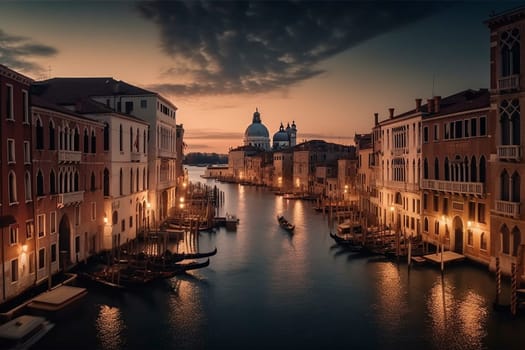 Panoramic night view at the Venice, Italy, created with generative AI