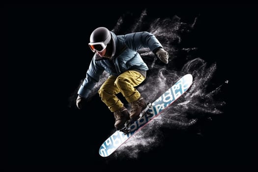 Snowboarder jumping through air on a black background, created with generative AI