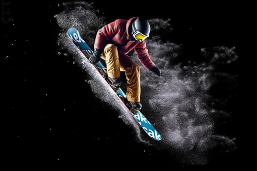 Snowboarder jumping through air on a black background, created with generative AI