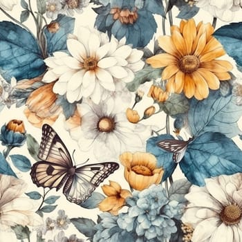 Vintage watercolor floral seamless pattern, created with generative AI