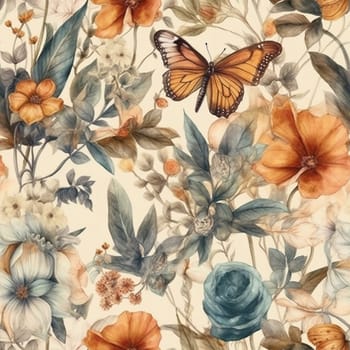 Vintage watercolor floral seamless pattern, created with generative AI