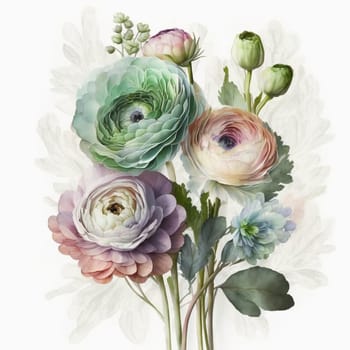 Watercolor pastel ranunculus flower, created with generative AI