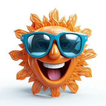 Smiling sun wearing sunglasses on the white background, created with generative AI