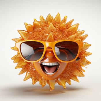 Smiling sun wearing sunglasses on the white background, created with generative AI