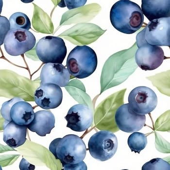 The luscious blend of deep indigo and rich violet hues creates an enchanting seamless pattern that captures the essence of fresh, juicy blueberries. Each stroke of the watercolour painting is so lifelike that it feels like plucking the berries straight from the garden. This artwork is a celebration of nature's bountiful harvest and a delectable feast for the eyes