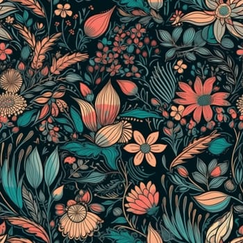 Boho style floral seamless pattern with black background, created with generative AI