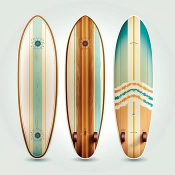 Collection of vintage wooden longboard surfboards on white background, created with generative AI