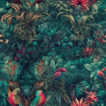Beautiful colorful rich jungle seamless pattern tile, created with generative AI