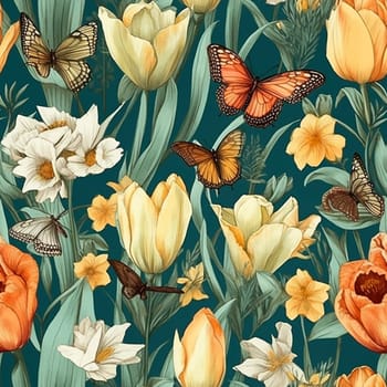 Beautiful elegant flowers and butterflies seamless pattern tile, created with generative AI
