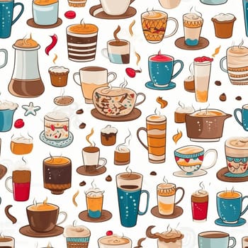Different types of coffee in cartoon style seamless pattern tile, created with generative AI