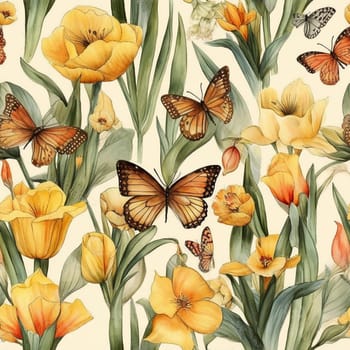 Beautiful elegant flowers and butterflies seamless pattern tile, created with generative AI