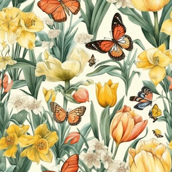 Beautiful elegant flowers and butterflies seamless pattern tile, created with generative AI