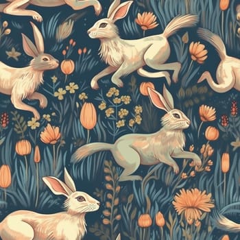Rabbits in the meadow seamless pattern tile, created with generative AI