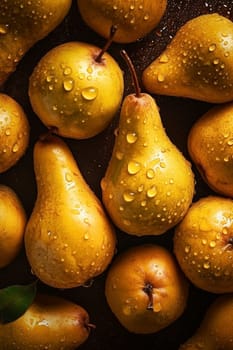 Pile of fresh pears with water drops, created with generative AI