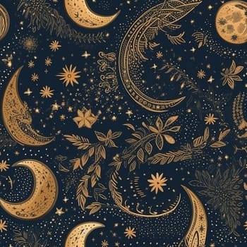 Golden moon and stars on dark sky seamless pattern tile, created with generative AI