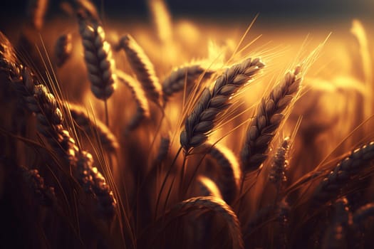 Closeup of the golden field at sunset, created with generative AI