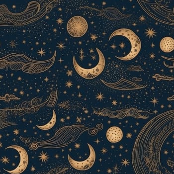 Golden moon and stars on dark sky seamless pattern tile, created with generative AI