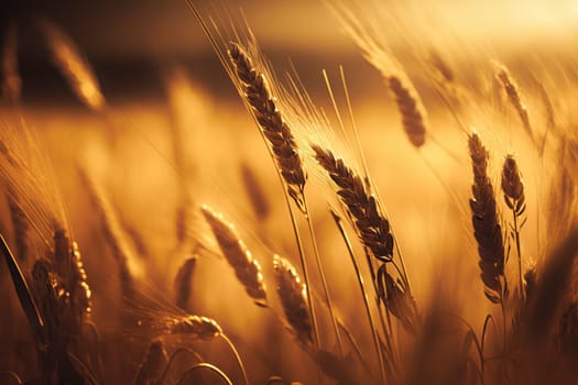 Closeup of the golden field at sunset, created with generative AI