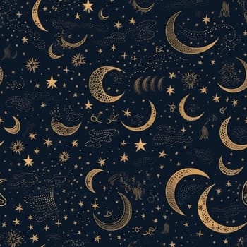 Golden moon and stars on dark sky seamless pattern tile, created with generative AI