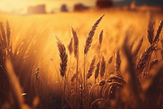 Closeup of the golden field at sunset, created with generative AI
