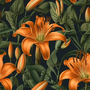 Beautiful orange lilly flower seamless pattern tile, created with generative AI