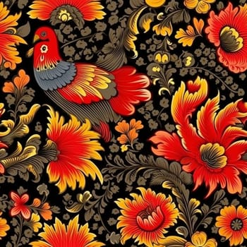 Beautiful elegant flower seamless pattern tile in khokhloma style, created with generative AI
