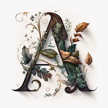 Letter A made of branches and leaves. Flower font concept.Autumn creative idea, created with generative AI