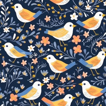 Modern leaves, flowers and birds seamless pattern tile, created with generative AI