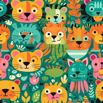 Cartoon style jungle creatures seamless pattern tile, created with generative AI