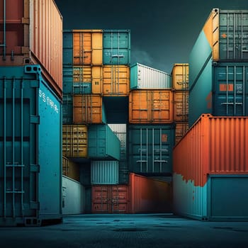 Shipping containers in the warehouse, created with a generative AI