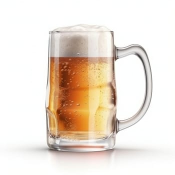 Beer mug with foam cap on white background, created with generative AI