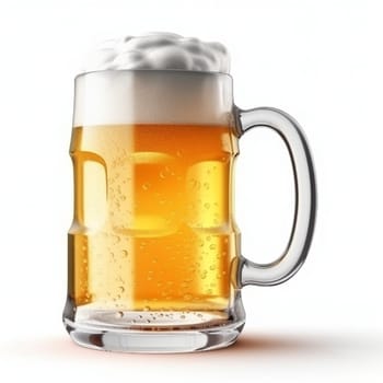 Beer mug with foam cap on white background, created with generative AI