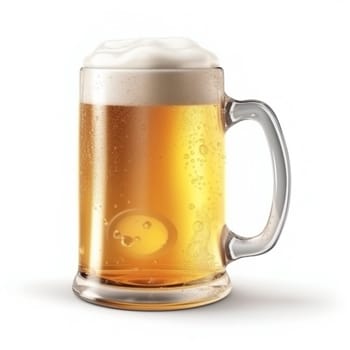 Beer mug with foam cap on white background, created with generative AI