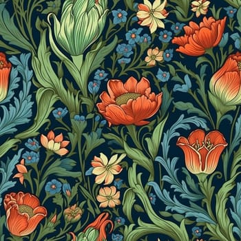 Seamless pattern tile of tulips and other flowers, created with generative AI