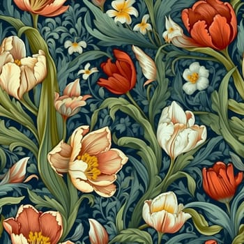 Seamless pattern tile of tulips and other flowers, created with generative AI