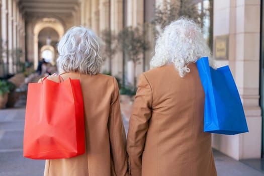 Caucasian senior couple seen from behind, walking with red and blue shopping bags. They wear matching brown jackets in an elegant outdoor walkway. Concept of lifestyle, companionship, and leisure.