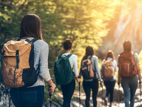 Group of young women walking in line along a scenic forest trail with backpacks and hiking sticks, enjoying outdoor adventure, unity, exploration, and nature connection, back view perspective, AI generated