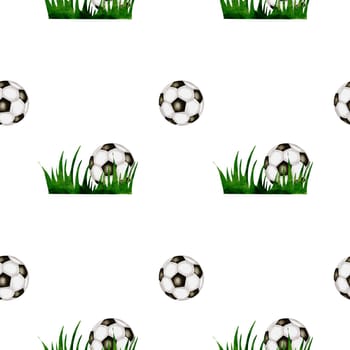 Football watercolor pattern. Seamless pattern of soccer balls on the grass on a white background. Ideal for children's and sports textiles, equipment, packaging